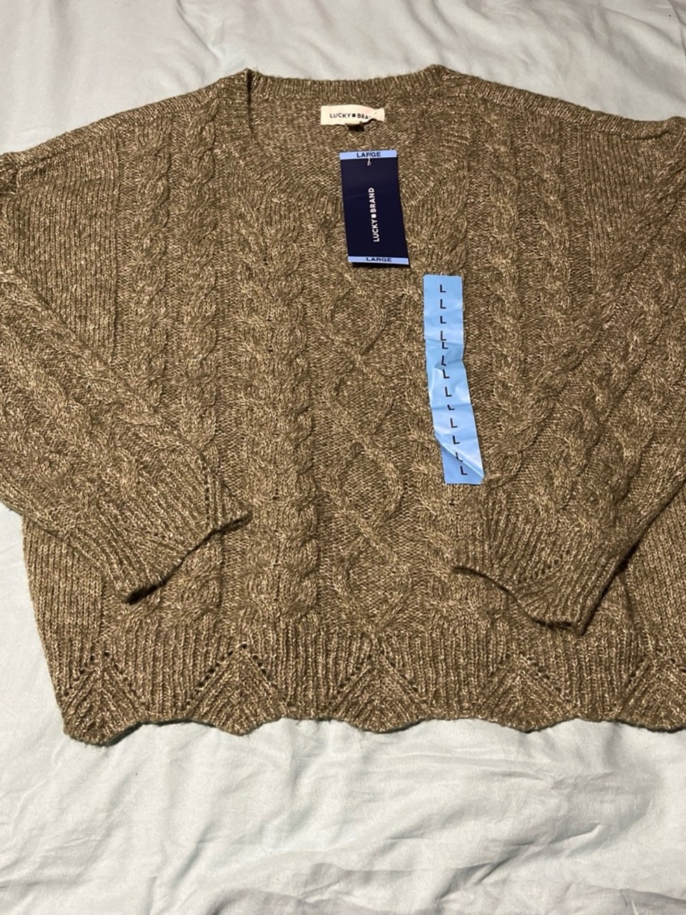 Lucky Brand Tan Cable Knit Scoop Neck Sweater